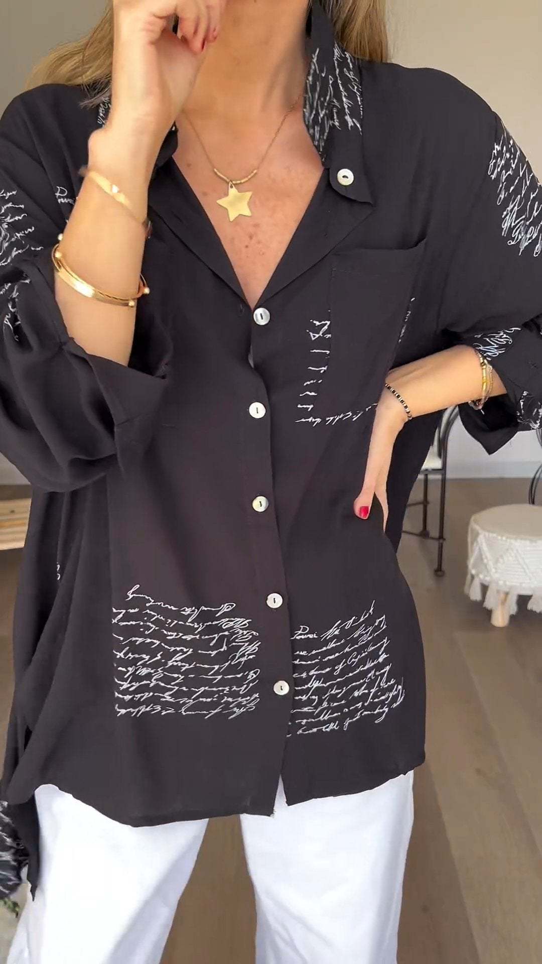 Unequal length letter print loose shirt