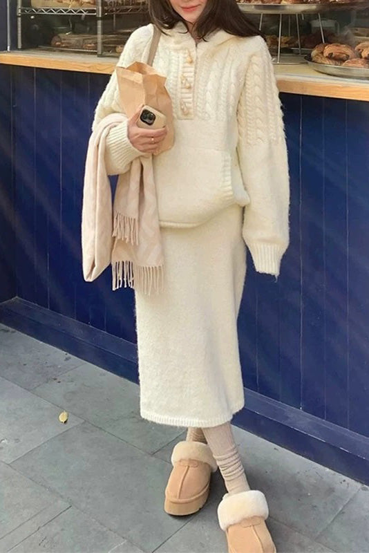 Slouchy loose cable knit hooded top and skirt two-piece set