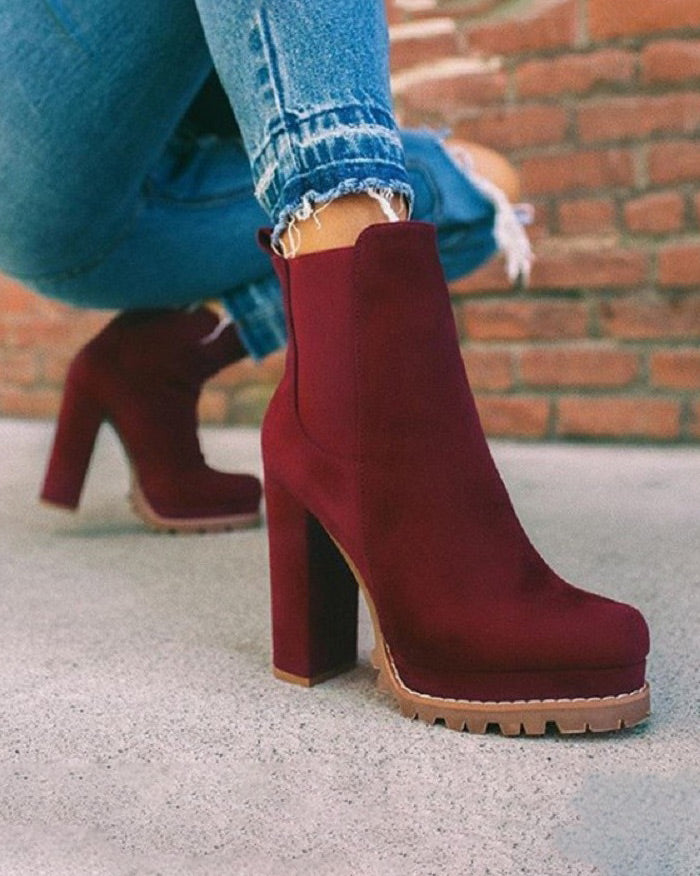 Suede round-toe leopard print chunky high-heeled short riding boots