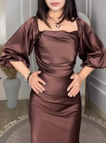 Chic Satin mid-length puff sleeve maxi dress