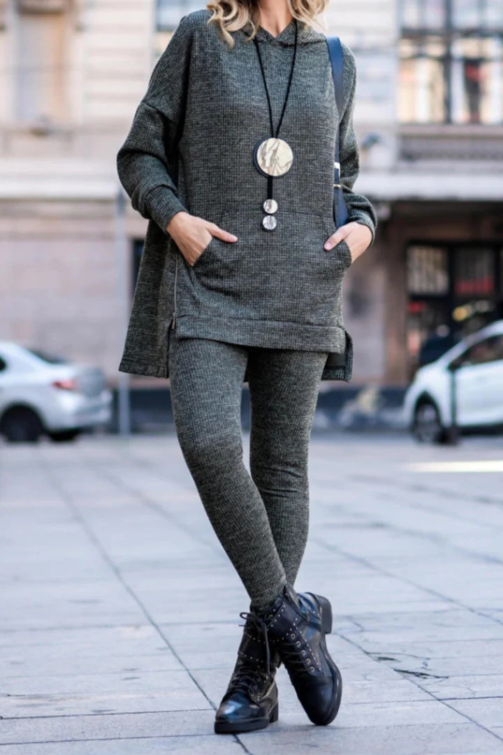 Solid Color Kangaroo Pocket Hooded Sweatshirt and Skinny Sweatpants Two-Piece Set