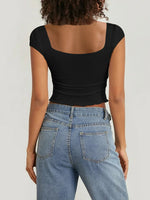 V-neck slim fit ruffled short-sleeved T-shirt