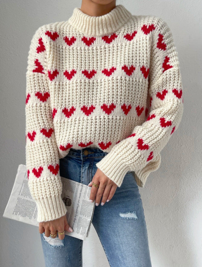 Halbhoher, locker sitzender Jacquard-Strickpullover mit Herzmotiv