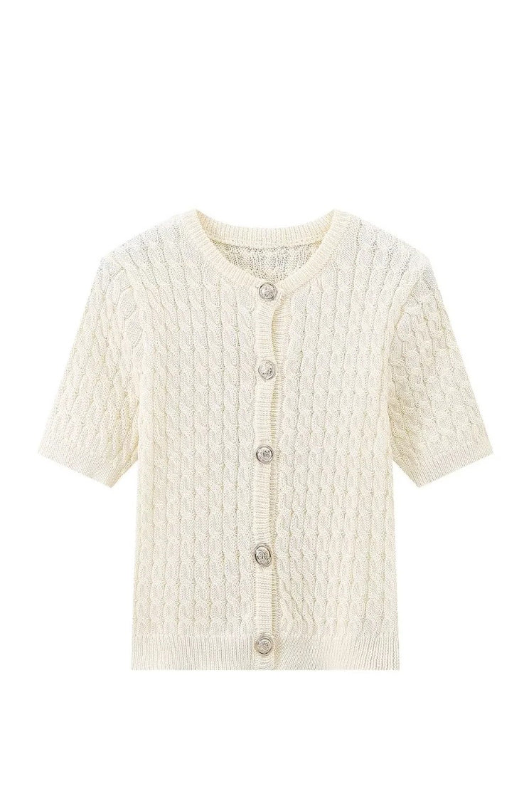 Slim-fit round neck knit short-sleeved cardigan