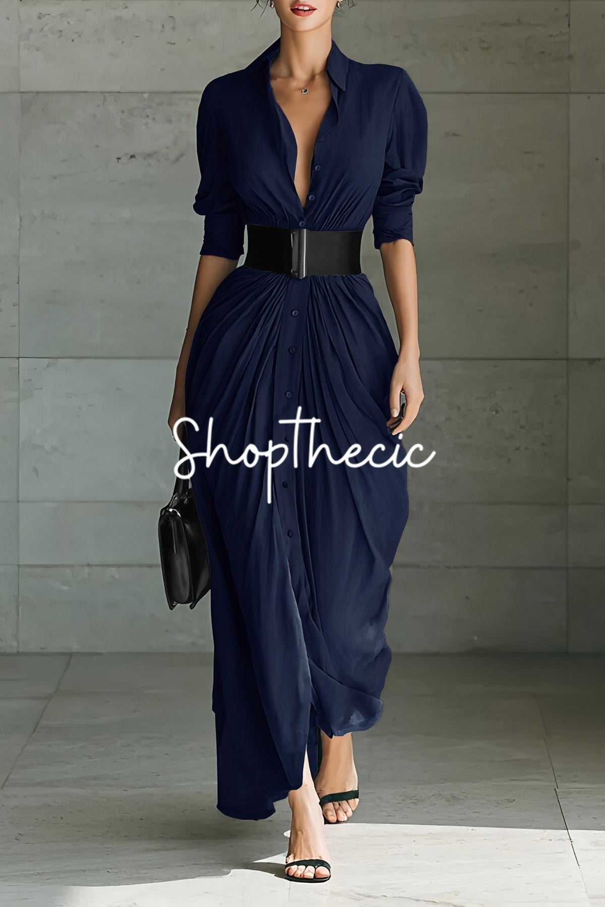 Robe longue chemise boutonnée à col minimaliste