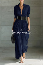 Robe longue chemise boutonnée à col minimaliste