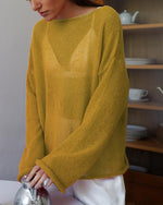 See-through thin scoop neck flared sleeve knitted T-shirt