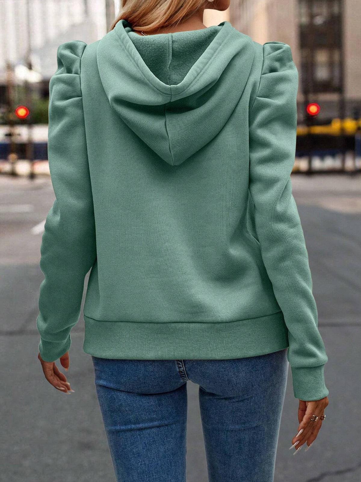 Solid color shrug design slim hooded sweatshirt