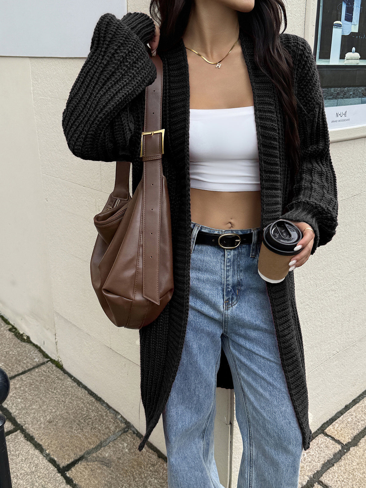 Oversized Chunky Knit Lantern-sleeved long cardigan