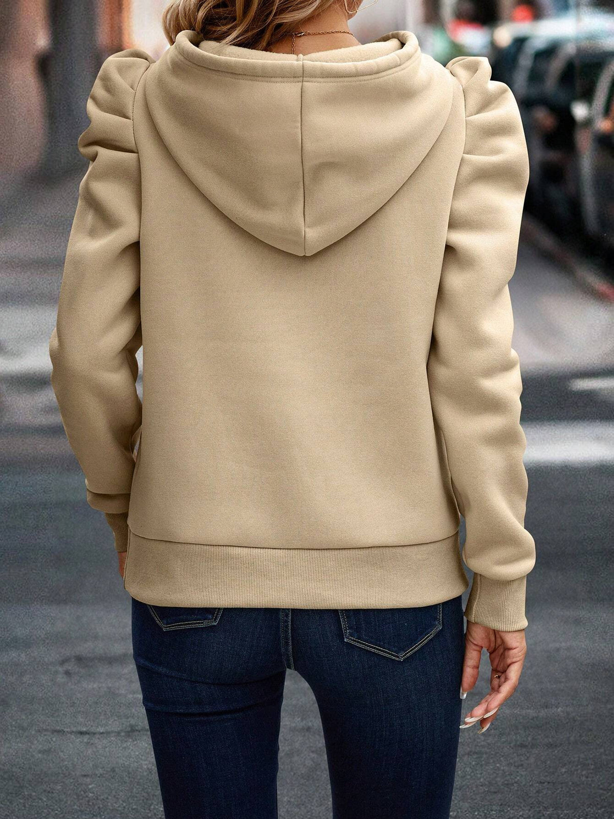 Solid color shrug design slim hooded sweatshirt