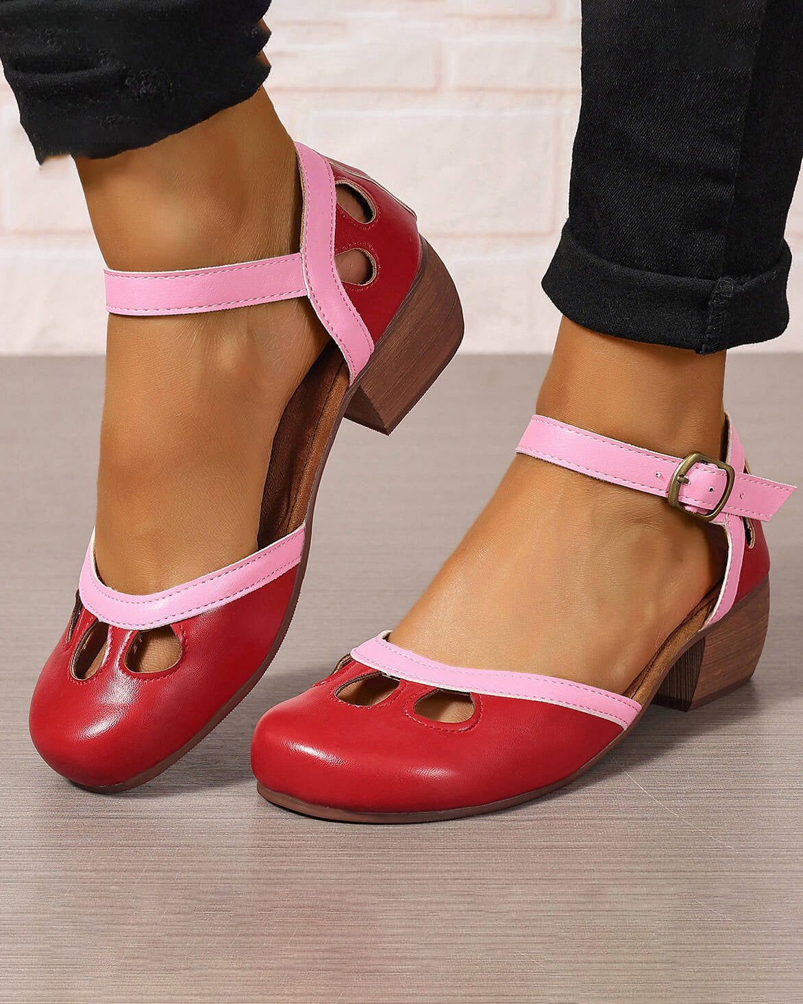Chunky mid-heel candy-colored hollow sandals
