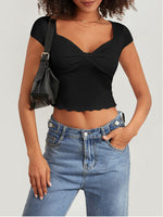 V-neck slim fit ruffled short-sleeved T-shirt