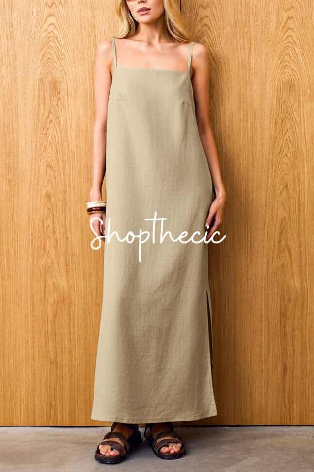 Simple khaki fitted silhouette and slit hem camisole dress