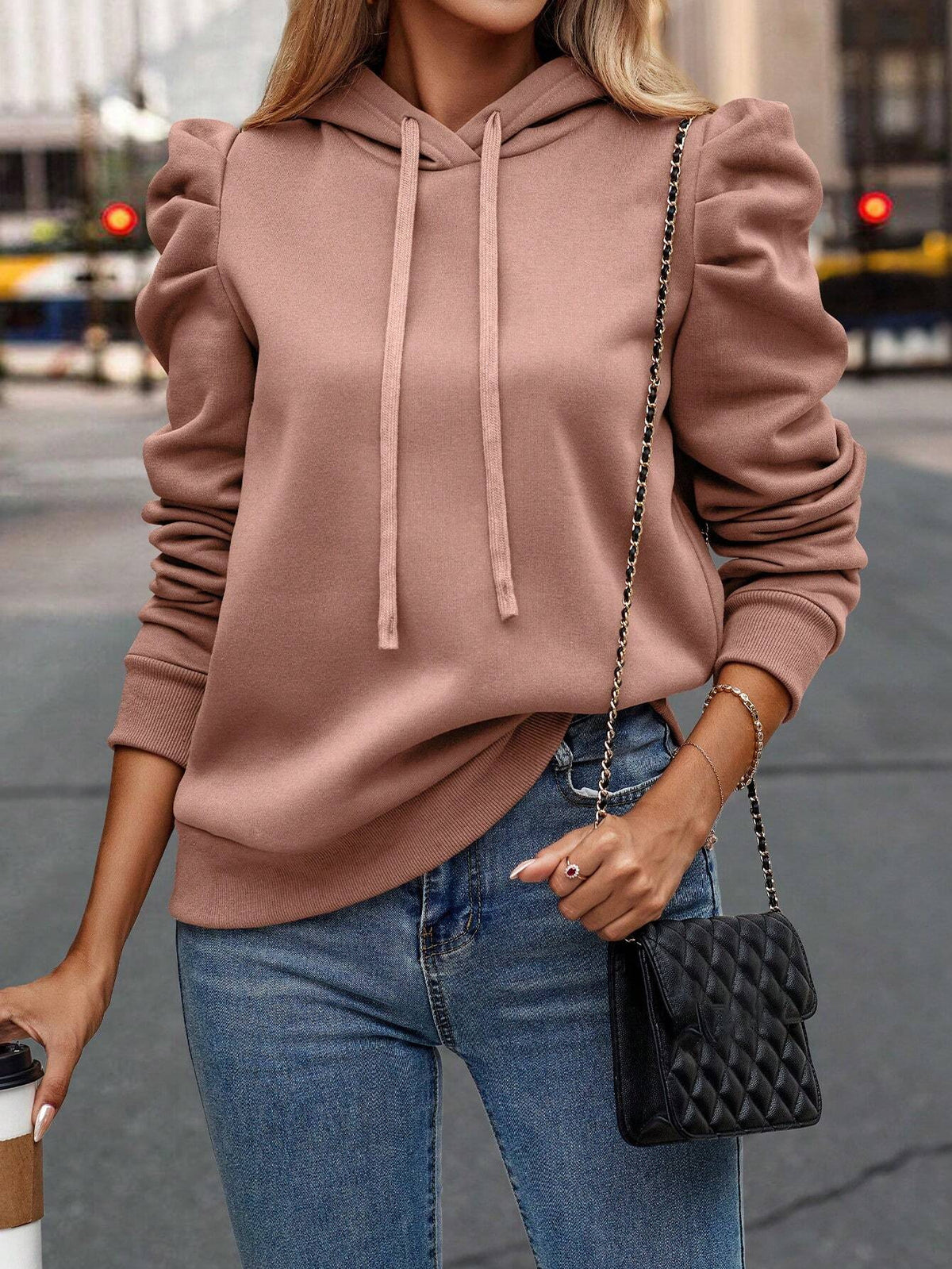 Solid color shrug design slim hooded sweatshirt