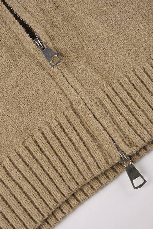 Khaki fuzzy dual-separating zipper hooded sweater cardigan