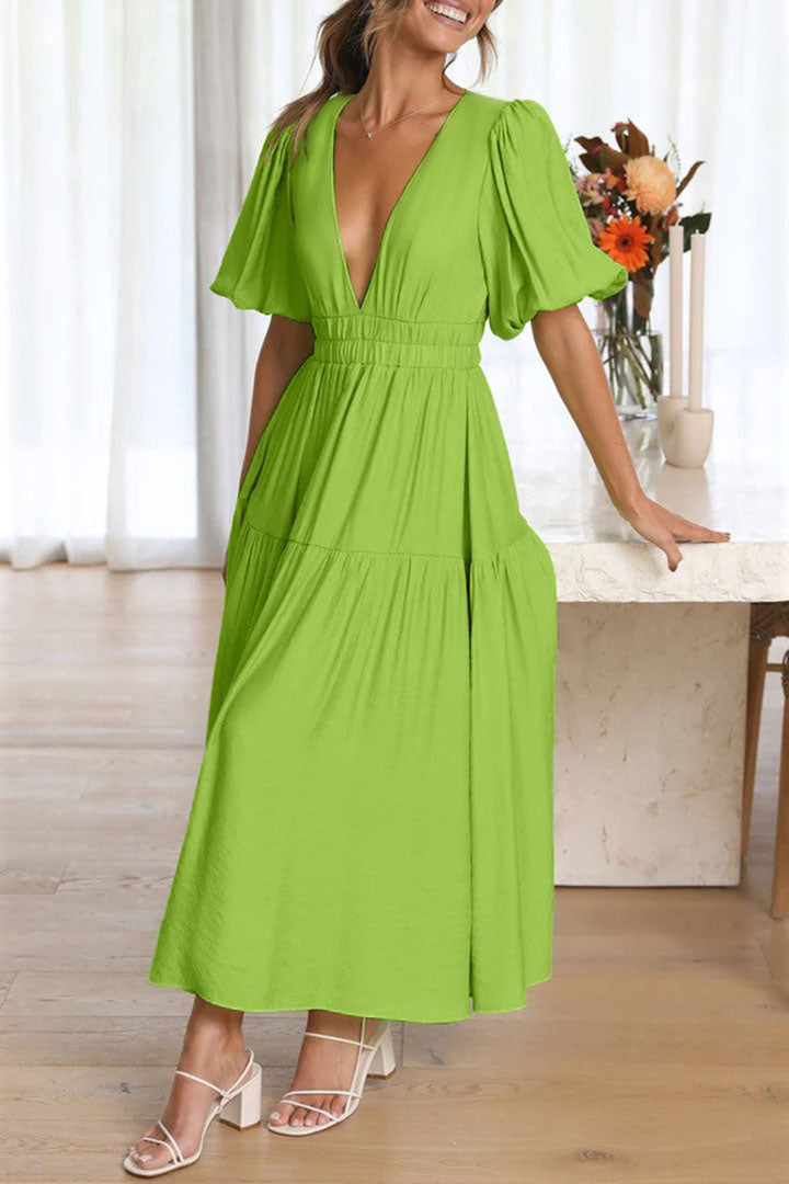 Vestido midi com manga lanterna e decote em V com cintura marcada