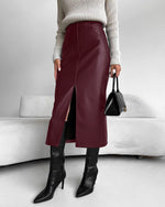 Vintage Front Slit and Lining Faux Leather Skirt