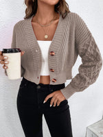V-neck drop shoulder sleeve button-down cropped knitted cardigan