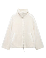 Lockere Fleece-Strickjacke mit Stehkragen und doppelseitigem Reißverschluss