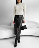 Vintage Front Slit and Lining Faux Leather Skirt