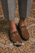 Brown suede metal buckle tassel slip-on loafers