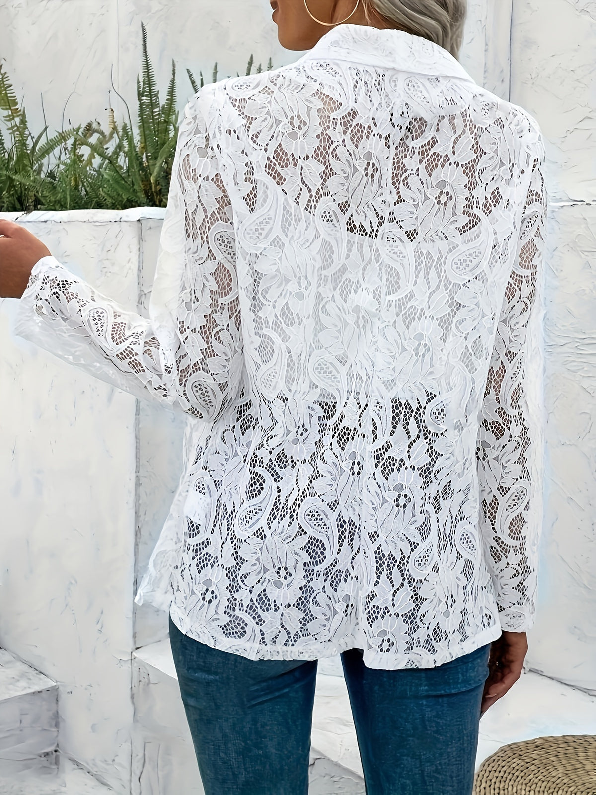 Elegant Open Front Floral Lace Lapel Blazer