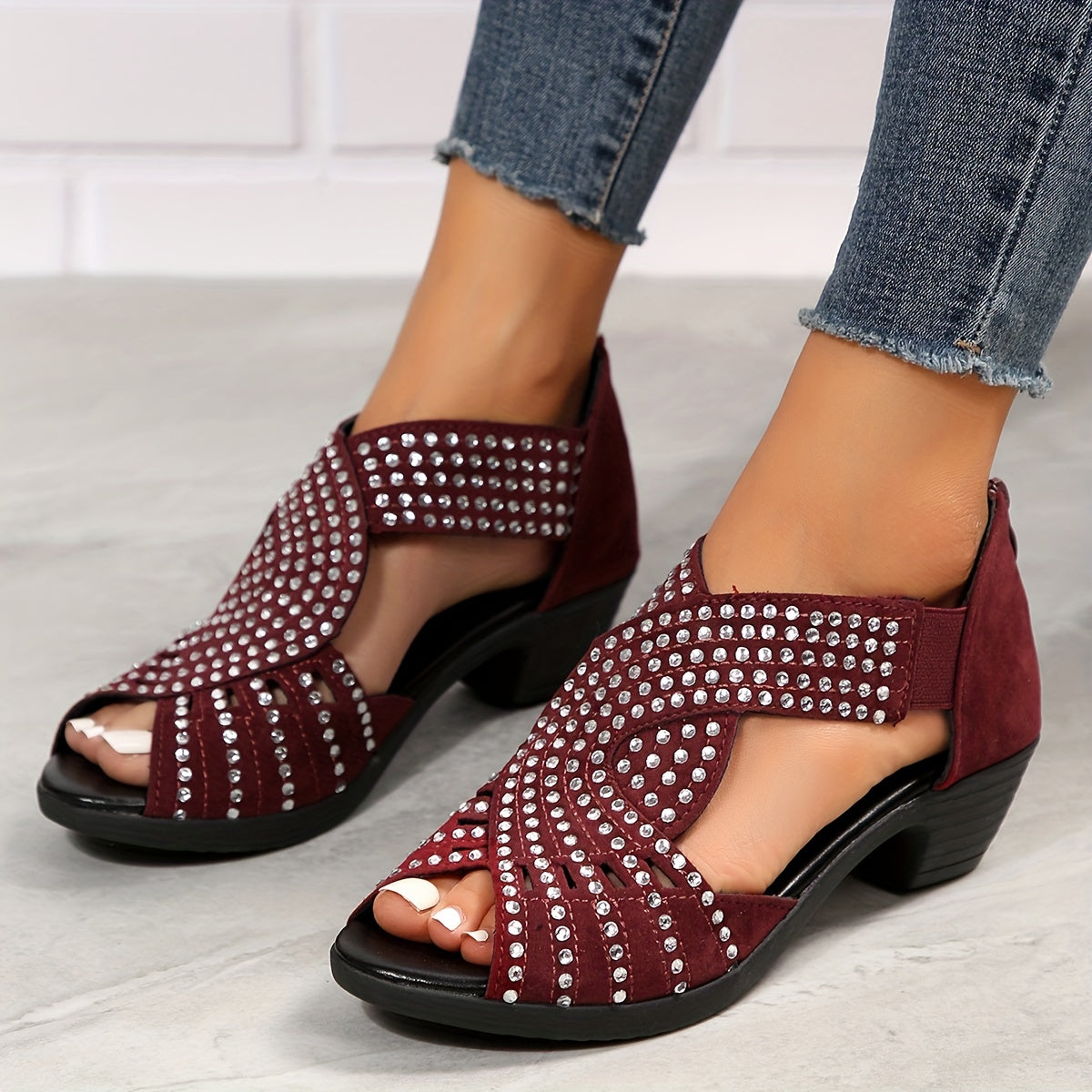 Peep Toe Back Zipper Chunky Talon Sandales Strass