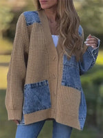 Denim patchwork knitted loose cardigan jacket