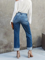 Elegant High Waisted Slim Fit Turn-Cuff Jeans