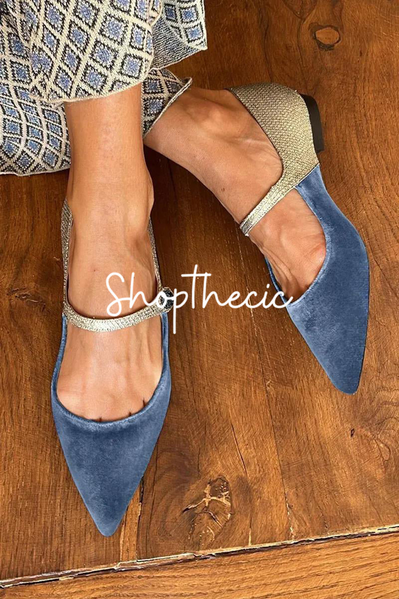 Eleganti ballerine patchwork con fibbia e cinturino sul collo del piede in velluto blu