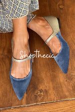 Eleganti ballerine patchwork con fibbia e cinturino sul collo del piede in velluto blu