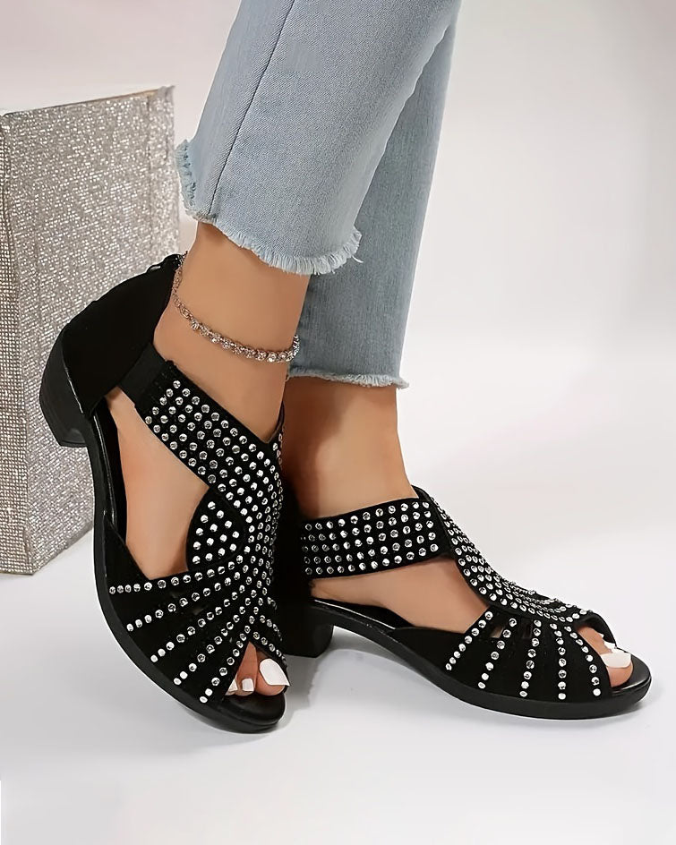 Peep Toe Back Zipper Chunky Talon Sandales Strass