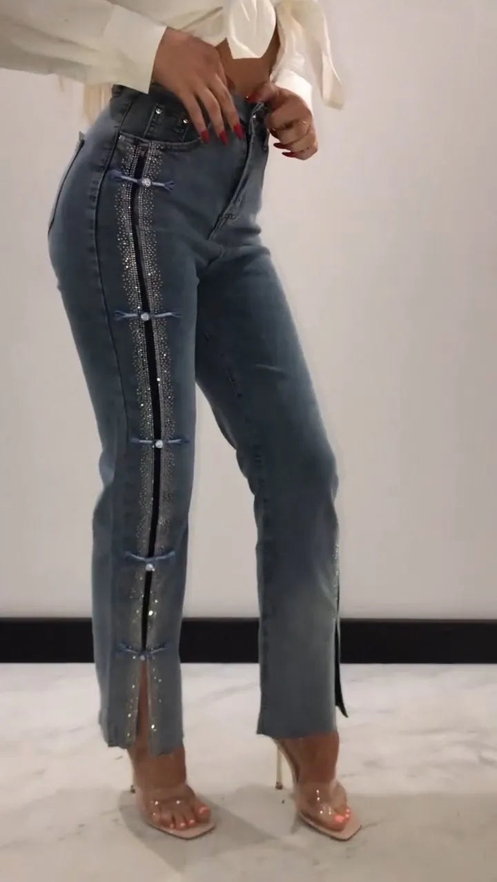 Diamond Patchwork Design Slit Slim Jeans