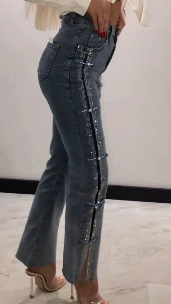 Diamond Patchwork Design Slit Slim Jeans