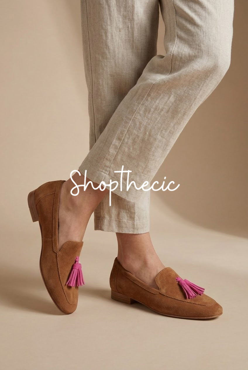 Brown suede pink tassel accents slip-on loafers
