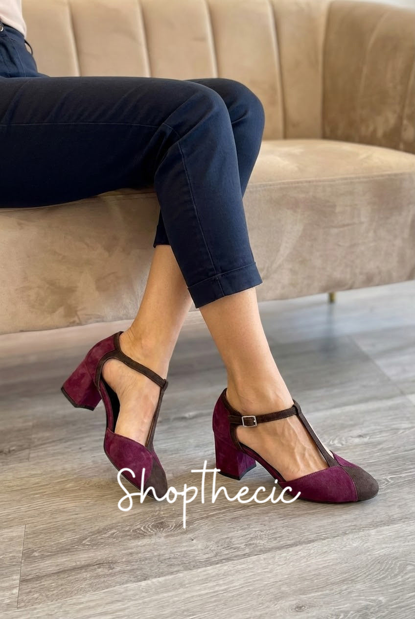 Color-blocked suede T-strap chunky heeled sandals