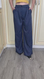 Navy Striped High-Waisted Straight Wide-Leg Pants