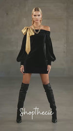 Gold bow lantern sleeves Off-the-shoulder dress