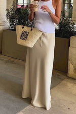 Satin High-Waisted Drawstring Belt Solid Color Midi Skirt