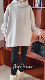 Half High Collar with Button Details Thick Loose Hoodie