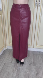 Wine Red Faux Leather Long Split Midi Skirt
