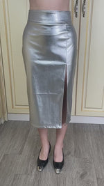 Silver Faux Leather High-Waisted Split Skirt