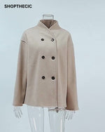 Brown V-neck Double-breasted Short Wool Coat