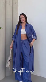 Einreihiger, langer Mantel und Hose mit weitem Bein, einfarbiger Anzug