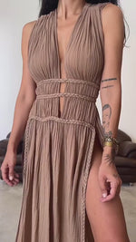Linen blend sleeveless braided belted slit maxi dress