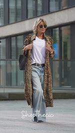 Printed leopard lapel loose long trench coat