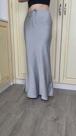 Gray High-Waisted Drawstring Belt Satin Skirt