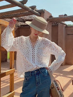 Cotton embroidered collarless cutout white shirt