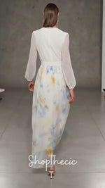 Long-sleeved V-neck chiffon print maxi dress