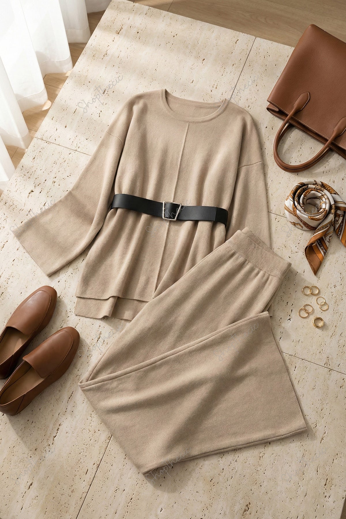 Completo composto da top largo in maglia con cintura e pantaloni larghi elastici a vita alta